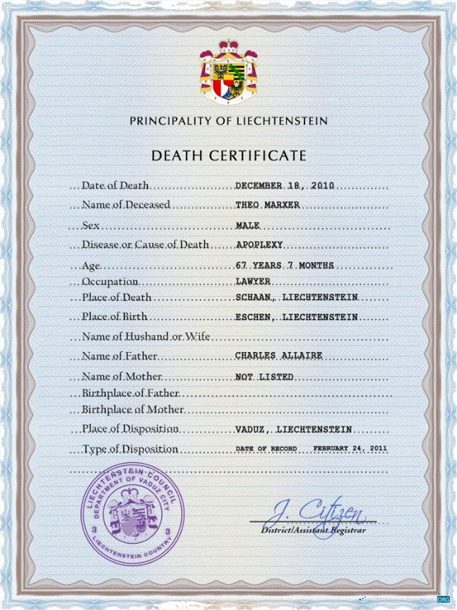 Download Liechtenstein vital record death certificate PSD template Photoshop template